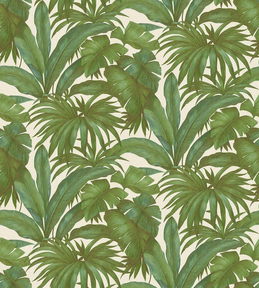 Versace tropical palm wallpaper features large scale hand painted green tropical palm leaves on a white background.