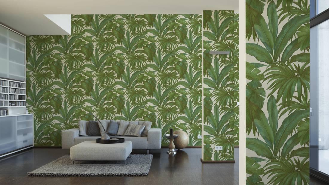 Versace tropical palm wallpaper features large scale hand painted green tropical palm leaves on a white background.