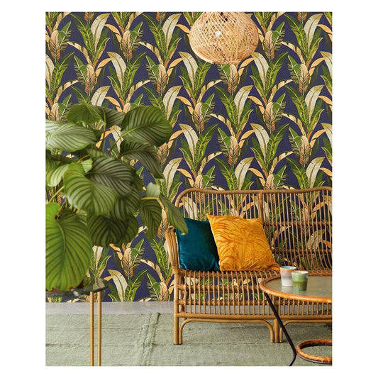 Lush Palms - Green on Blue - Wallpaper Trader