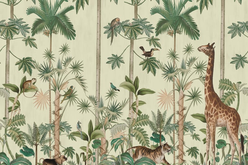 Giraffe's Stroll - Green on Cream - Wallpaper Trader
