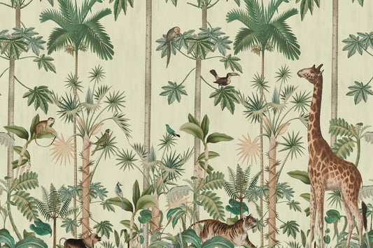 Giraffe's Stroll - Green on Cream - Wallpaper Trader