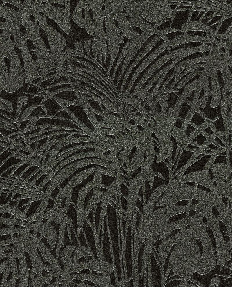 Monstera Veil wallpaper by Eijffinger, dark charcoal palm leaf pattern with subtle shimmer, flat swatch