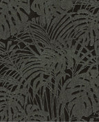 Monstera Veil wallpaper by Eijffinger, dark charcoal palm leaf pattern with subtle shimmer, flat swatch
