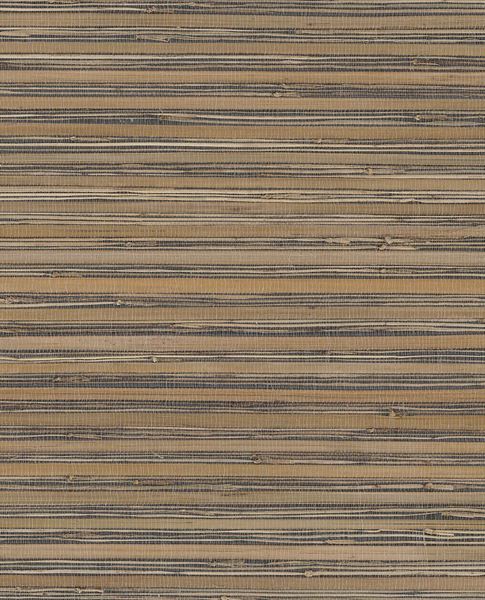 Coarse Reed grasscloth wallpaper by Eijffinger, flat swatch in golden ochre and navy banded reed weave