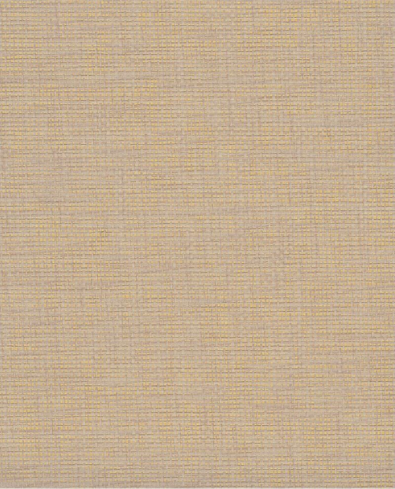 Tweed Weave wallpaper by Eijffinger, flat swatch in soft greige with woven tweed crosshatch and golden-yellow flecks