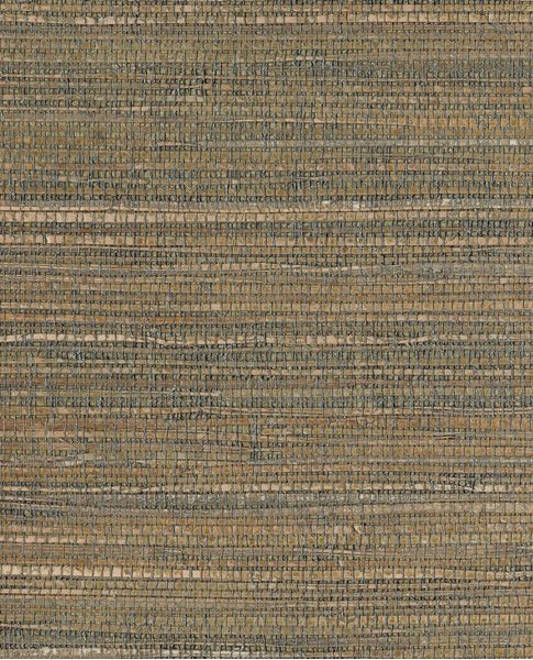 Tonal Reed grasscloth wallpaper by Eijffinger, flat swatch in earthy brown with teal-flecked woven reed