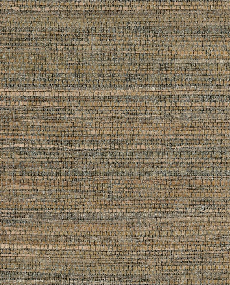 Tonal Reed grasscloth wallpaper by Eijffinger, flat swatch in earthy brown with teal-flecked woven reed