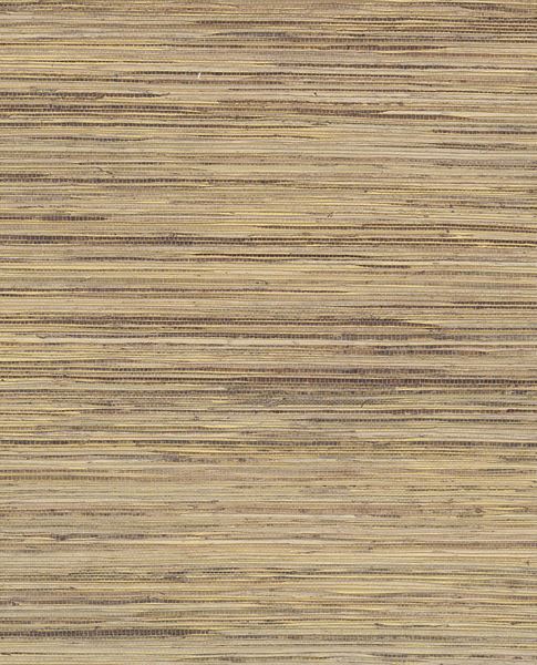 Knotted Grasscloth wallpaper by Eijffinger, flat swatch in warm tan and aubergine with knotted horizontal grass weave