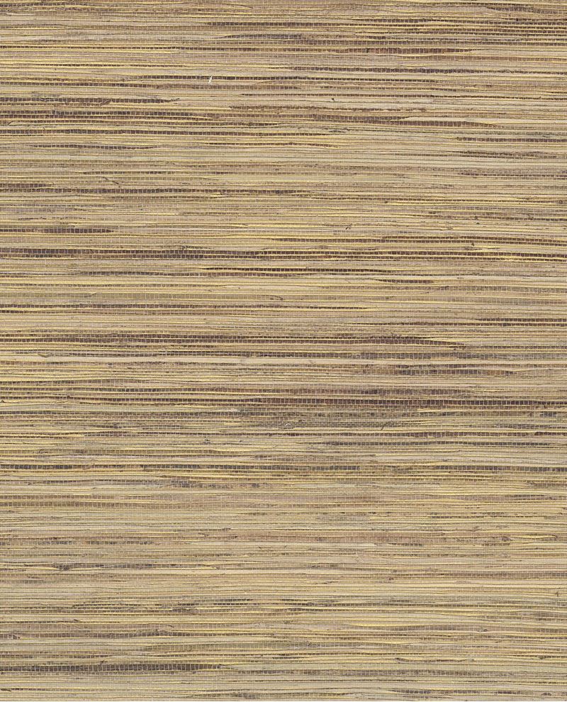 Knotted Grasscloth wallpaper by Eijffinger, flat swatch in warm tan and aubergine with knotted horizontal grass weave