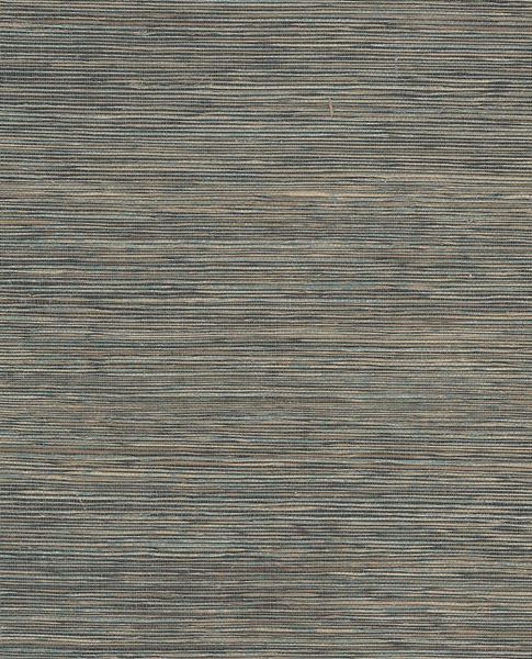 Tonal Sisal wallpaper by Eijffinger, flat swatch of horizontal sisal grasscloth in mixed grey-green, teal and tan striations