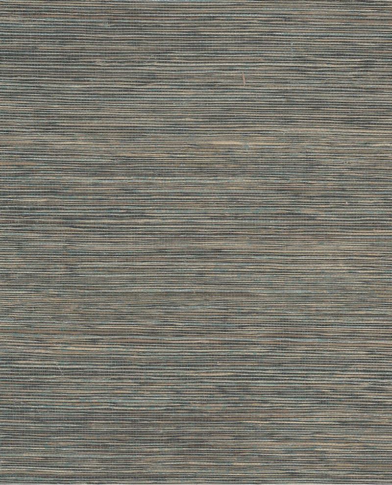 Tonal Sisal wallpaper by Eijffinger, flat swatch of horizontal sisal grasscloth in mixed grey-green, teal and tan striations