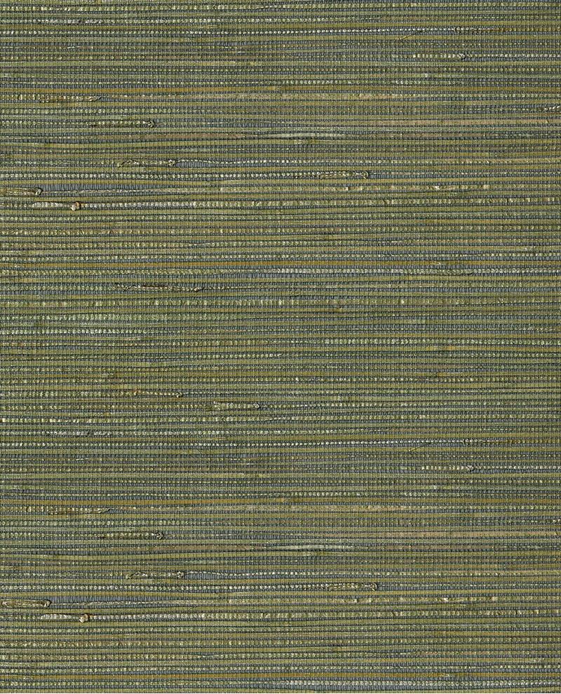 Knotted Jute grasscloth wallpaper by Eijffinger, flat swatch in mottled grey-green and gold woven jute