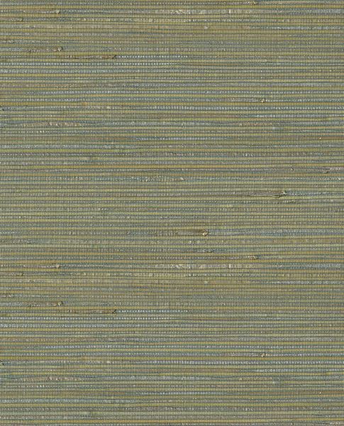 Coarse Weave grasscloth wallpaper by Eijffinger, flat swatch in muted khaki-green and blue coarse weave