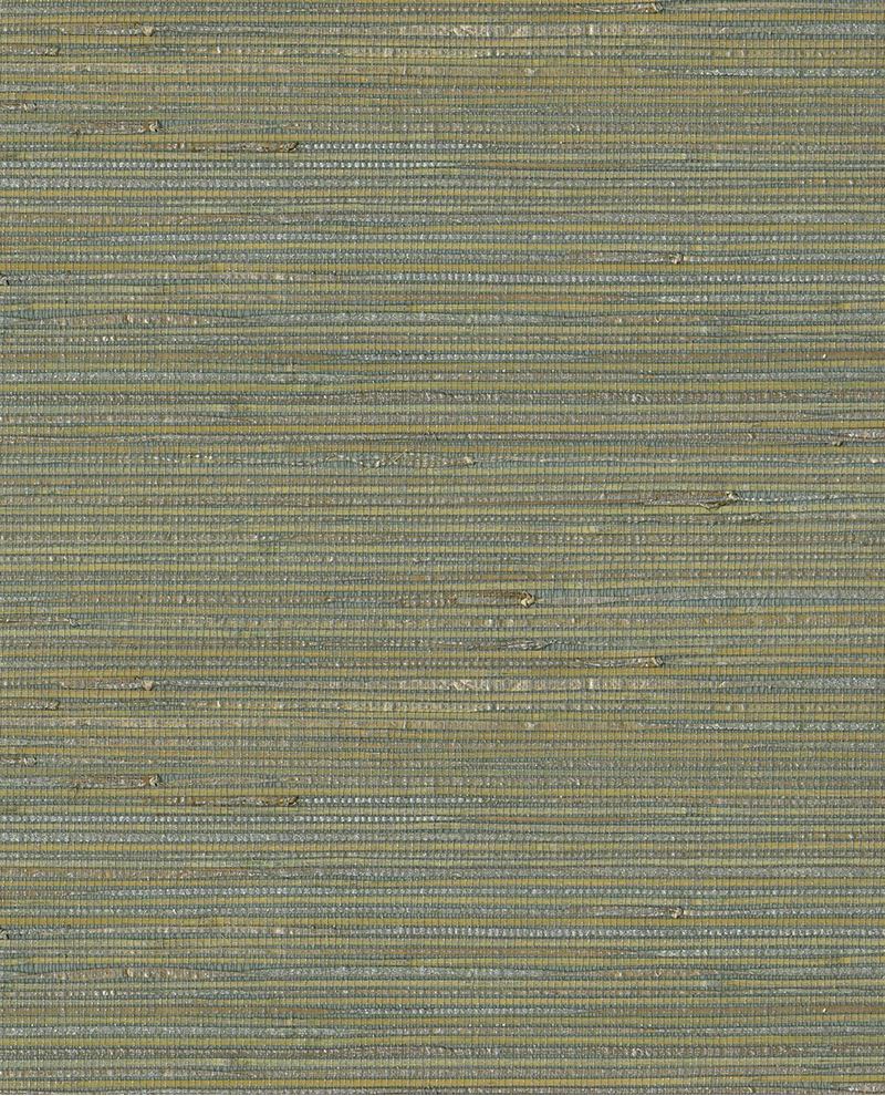 Coarse Weave grasscloth wallpaper by Eijffinger, flat swatch in muted khaki-green and blue coarse weave