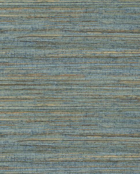 Fine Reed grasscloth wallpaper by Eijffinger, swatch of variegated teal, blue and amber woven reed