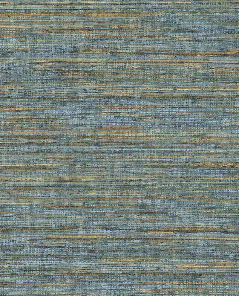 Fine Reed grasscloth wallpaper by Eijffinger, swatch of variegated teal, blue and amber woven reed