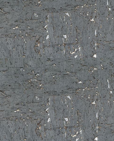 Mica Cork wallpaper by Eijffinger, close-up swatch of slate-grey cork with metallic gold and silver mica flecks