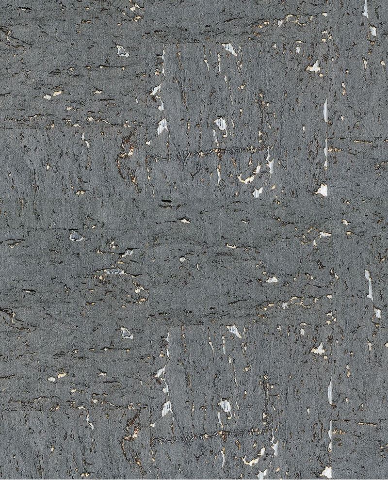 Mica Cork wallpaper by Eijffinger, close-up swatch of slate-grey cork with metallic gold and silver mica flecks