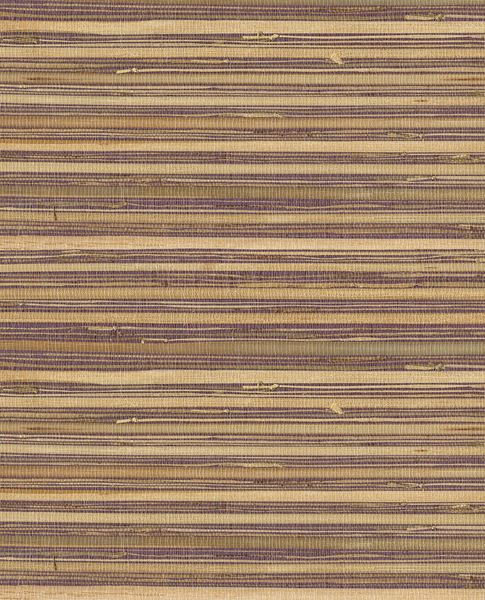 Wide Reed grasscloth wallpaper by Eijffinger, swatch in natural straw with plum-purple striped reed