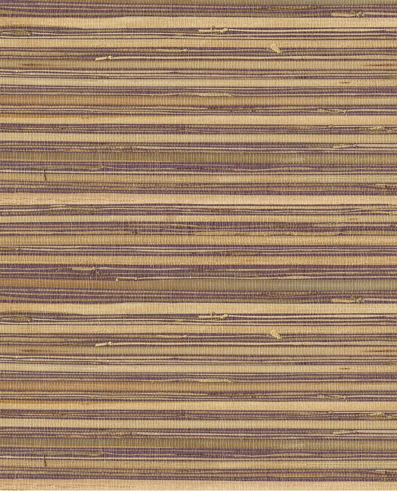 Wide Reed grasscloth wallpaper by Eijffinger, swatch in natural straw with plum-purple striped reed