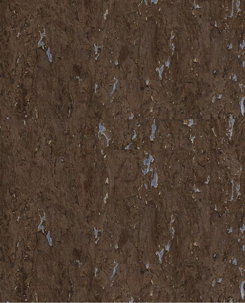 Natural Cork wallpaper by Eijffinger, flat swatch of cork texture in dark espresso brown with metallic silver flecks.