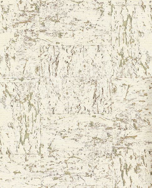 Natural Cork wallpaper by Eijffinger, flat swatch of cork texture in ivory white with gold and green bark flecks.