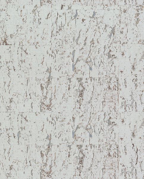 Natural Cork wallpaper by Eijffinger, flat swatch of cork texture in soft pale grey-green with rosy bark flecks.