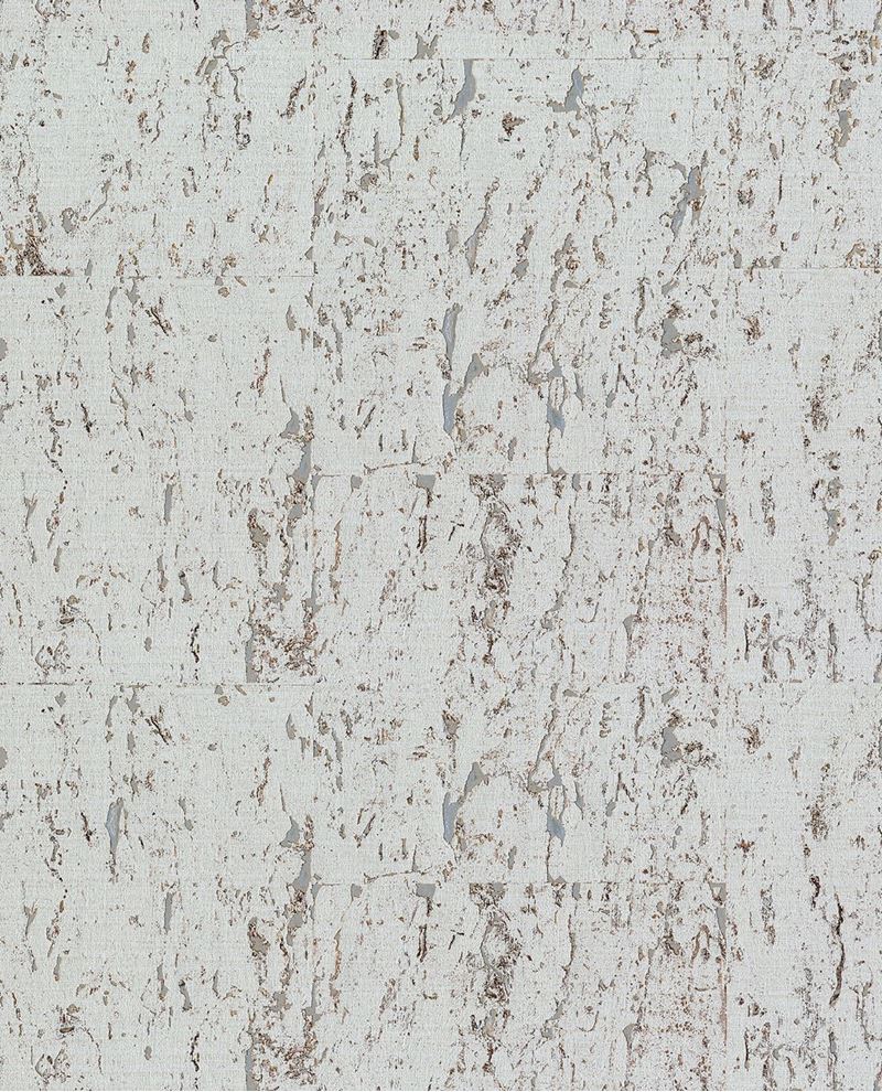 Natural Cork wallpaper by Eijffinger, flat swatch of cork texture in soft pale grey-green with rosy bark flecks.
