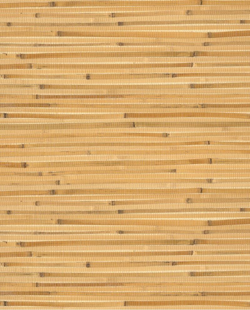 Wide Reed grasscloth wallpaper by Eijffinger, flat swatch of wide honey-gold bamboo reed with dark accents