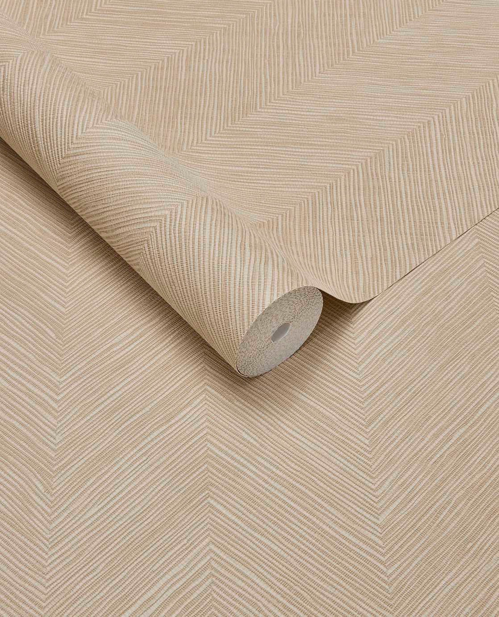 Woven Herringbone wallpaper by Eijffinger in soft peach beige, fine herringbone weave look, rolled product shot