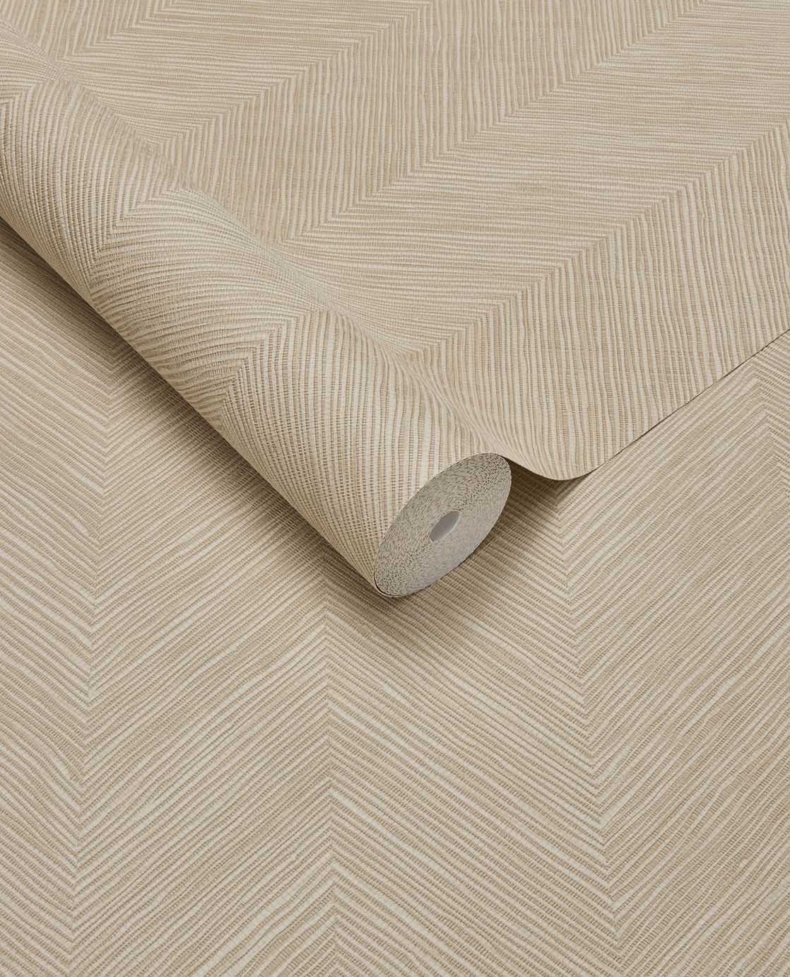 Woven Herringbone wallpaper by Eijffinger in soft peach beige, fine herringbone weave look, rolled product shot