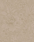 Lace Bloom wallpaper by Eijffinger, line-drawn peony and trailing florals on a textured beige-taupe ground, flat swatch.