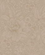 Lace Bloom wallpaper by Eijffinger, line-drawn peony and trailing florals on a textured beige-taupe ground, flat swatch.