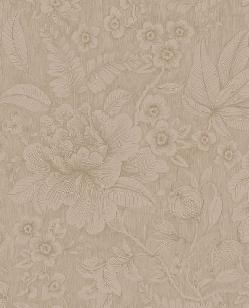 Lace Bloom wallpaper by Eijffinger, line-drawn peony and trailing florals on a textured beige-taupe ground, flat swatch.