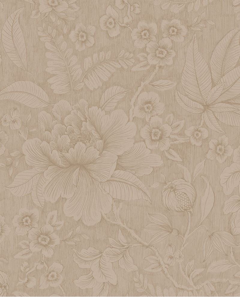 Lace Bloom wallpaper by Eijffinger, line-drawn peony and trailing florals on a textured beige-taupe ground, flat swatch.