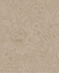 Lace Bloom wallpaper by Eijffinger, line-drawn peony and trailing florals on a textured beige-taupe ground, flat swatch.