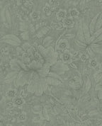 Lace Bloom wallpaper by Eijffinger, outlined peony and leaf design on a soft sage-green textured ground, flat swatch.