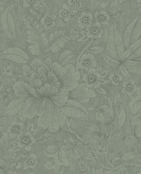 Lace Bloom wallpaper by Eijffinger, outlined peony and leaf design on a soft sage-green textured ground, flat swatch.