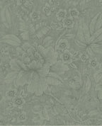 Lace Bloom wallpaper by Eijffinger, outlined peony and leaf design on a soft sage-green textured ground, flat swatch.