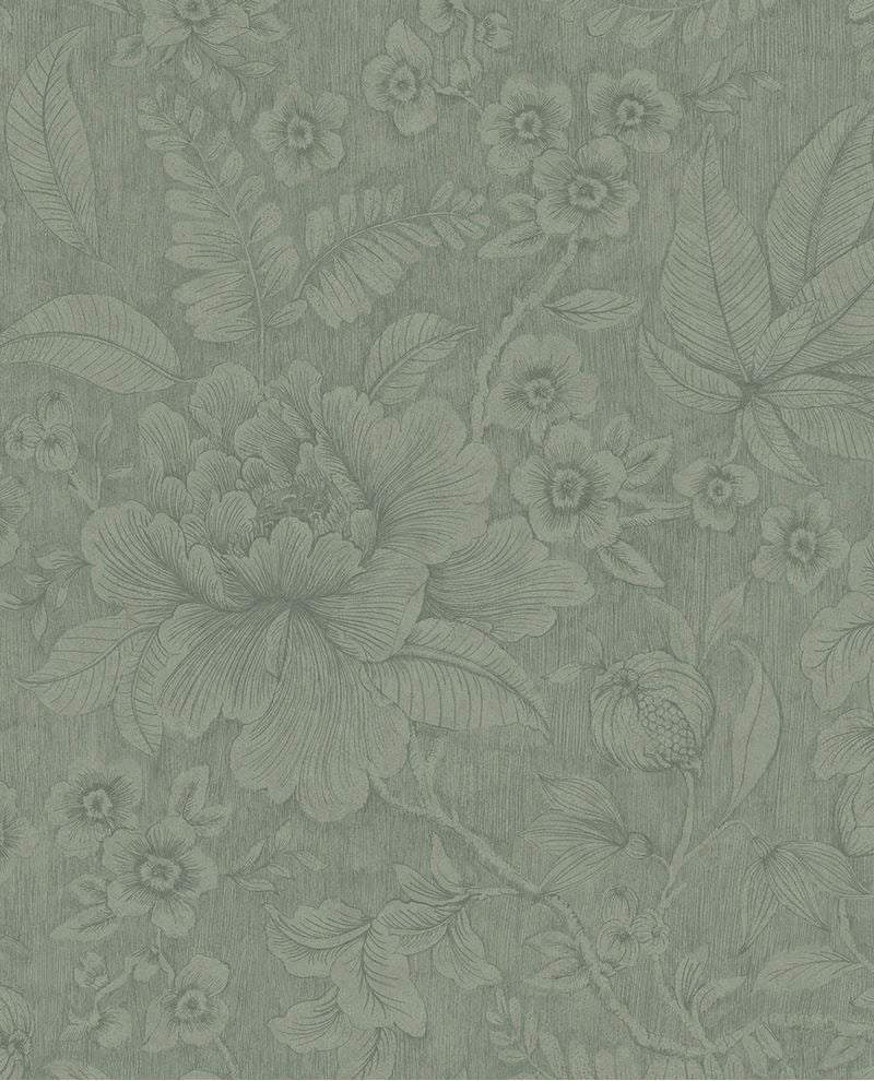 Lace Bloom wallpaper by Eijffinger, outlined peony and leaf design on a soft sage-green textured ground, flat swatch.