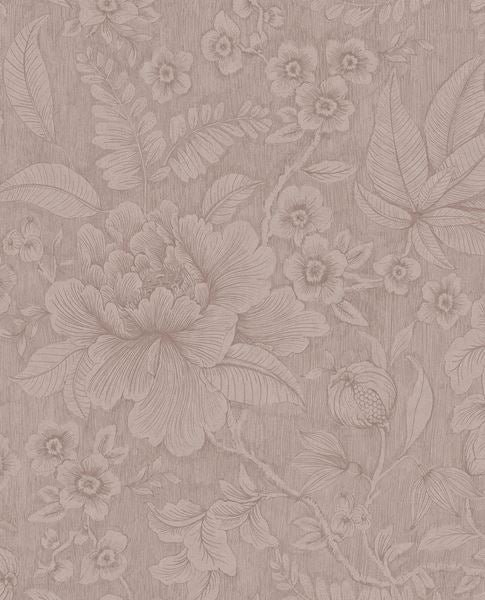 Lace Bloom wallpaper by Eijffinger, traced floral pattern on a dusty mauve-pink textured ground, flat swatch.