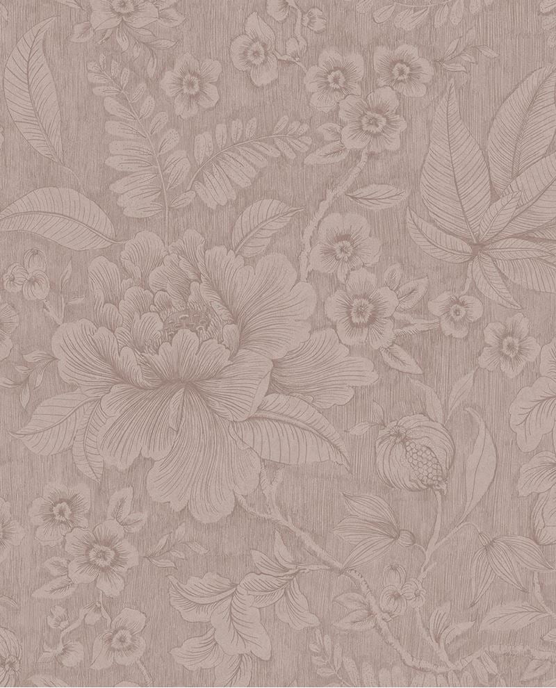 Lace Bloom wallpaper by Eijffinger, traced floral pattern on a dusty mauve-pink textured ground, flat swatch.