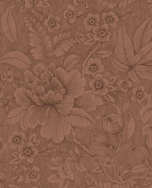 Lace Bloom wallpaper by Eijffinger, line-drawn blooms on a warm terracotta-rust textured ground, flat swatch.
