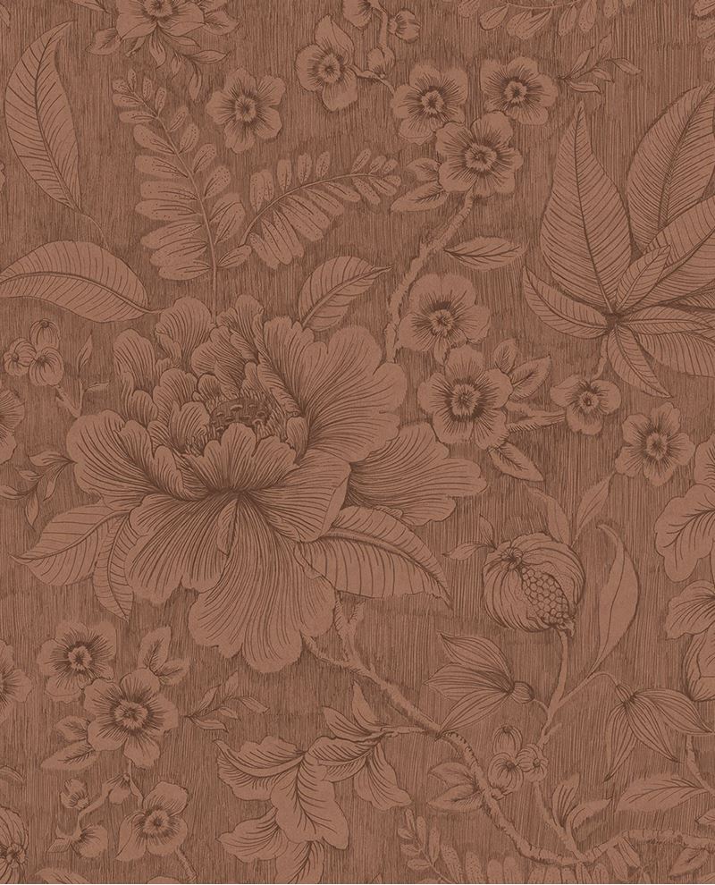 Lace Bloom wallpaper by Eijffinger, line-drawn blooms on a warm terracotta-rust textured ground, flat swatch.