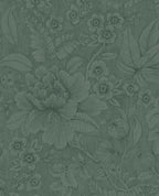 Lace Bloom wallpaper by Eijffinger, outlined peony design on a muted moss-green textured ground, flat swatch.