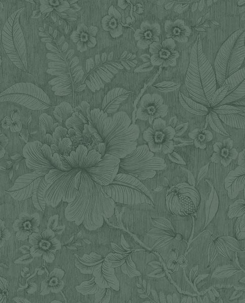 Lace Bloom wallpaper by Eijffinger, outlined peony design on a muted moss-green textured ground, flat swatch.