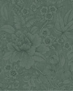 Lace Bloom wallpaper by Eijffinger, outlined peony design on a muted moss-green textured ground, flat swatch.