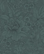 Lace Bloom wallpaper by Eijffinger, traced floral pattern on a deep teal textured ground, flat swatch.