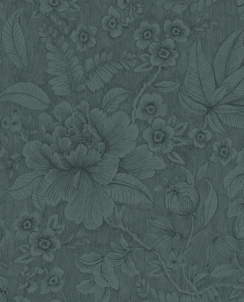 Lace Bloom wallpaper by Eijffinger, traced floral pattern on a deep teal textured ground, flat swatch.