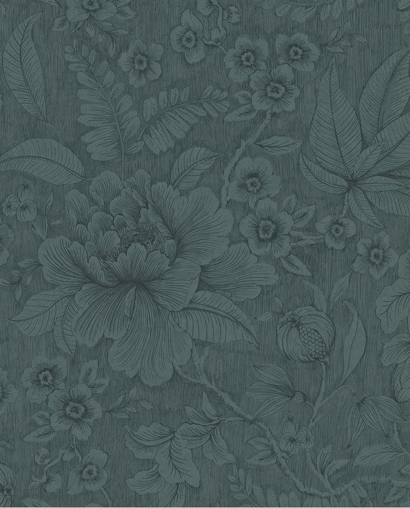 Lace Bloom wallpaper by Eijffinger, traced floral pattern on a deep teal textured ground, flat swatch.